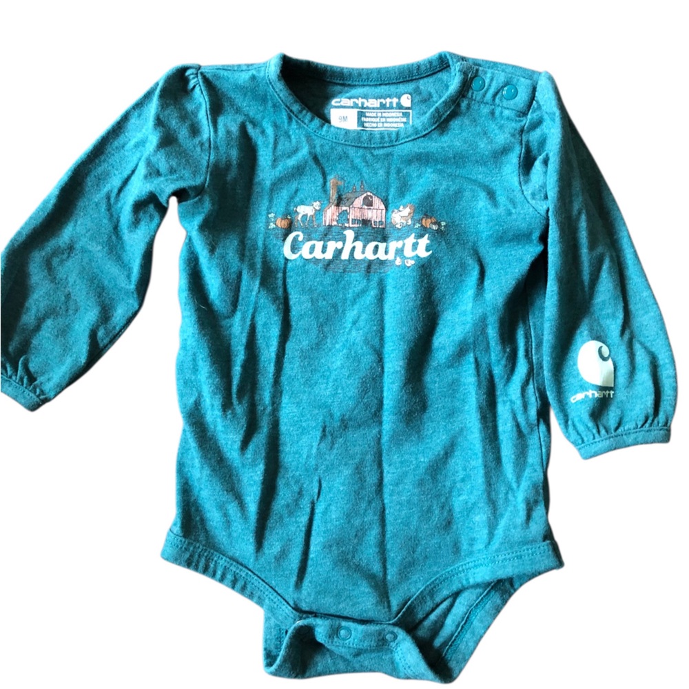 4/$20 Carhartt Barnyard Farm long sleeve green onesie bodysuit Fall Autumn Sz 9M